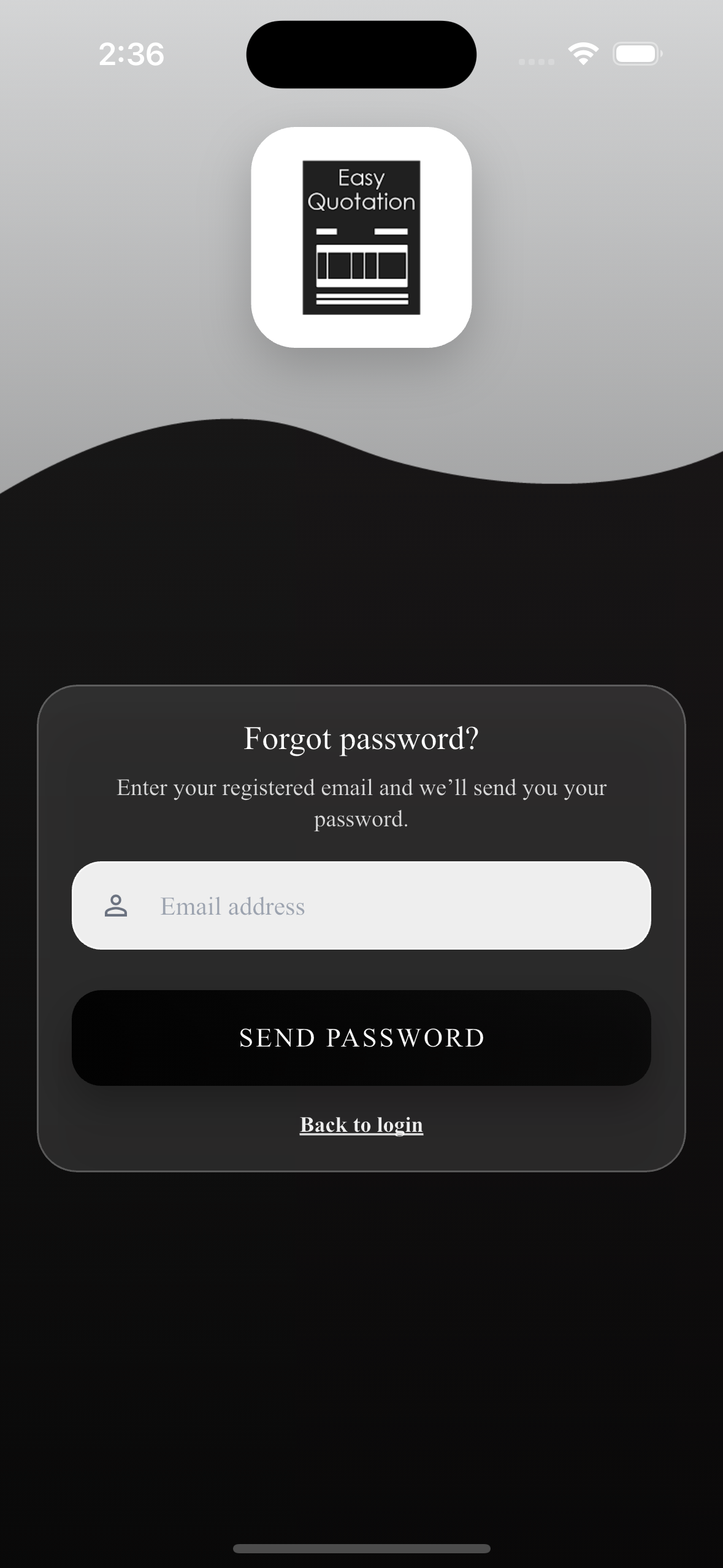 EasyQuotation Forgot Password screen