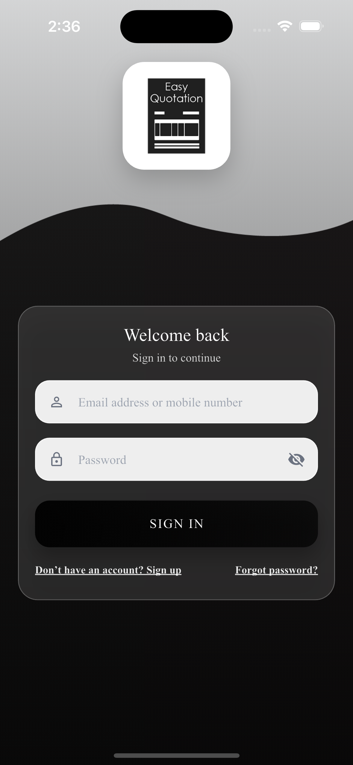 EasyQuotation Login screen