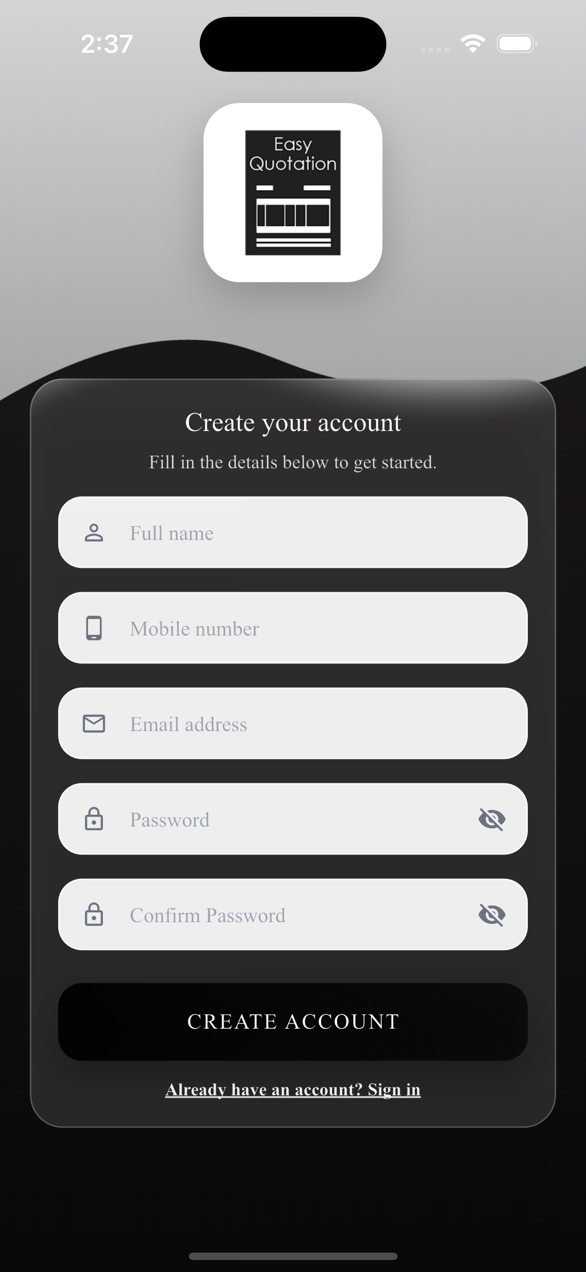 EasyQuotation Register screen
