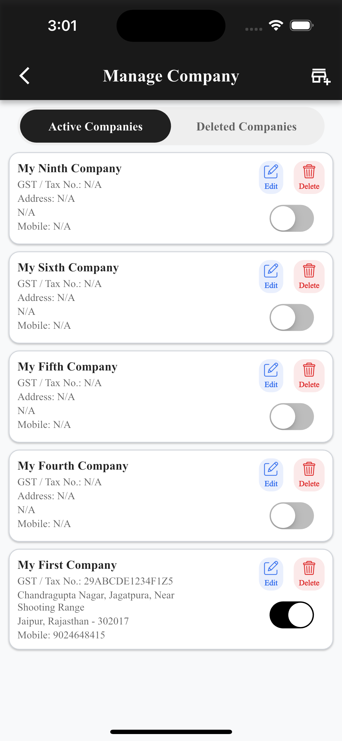 EasyQuotation Manage Companies screen