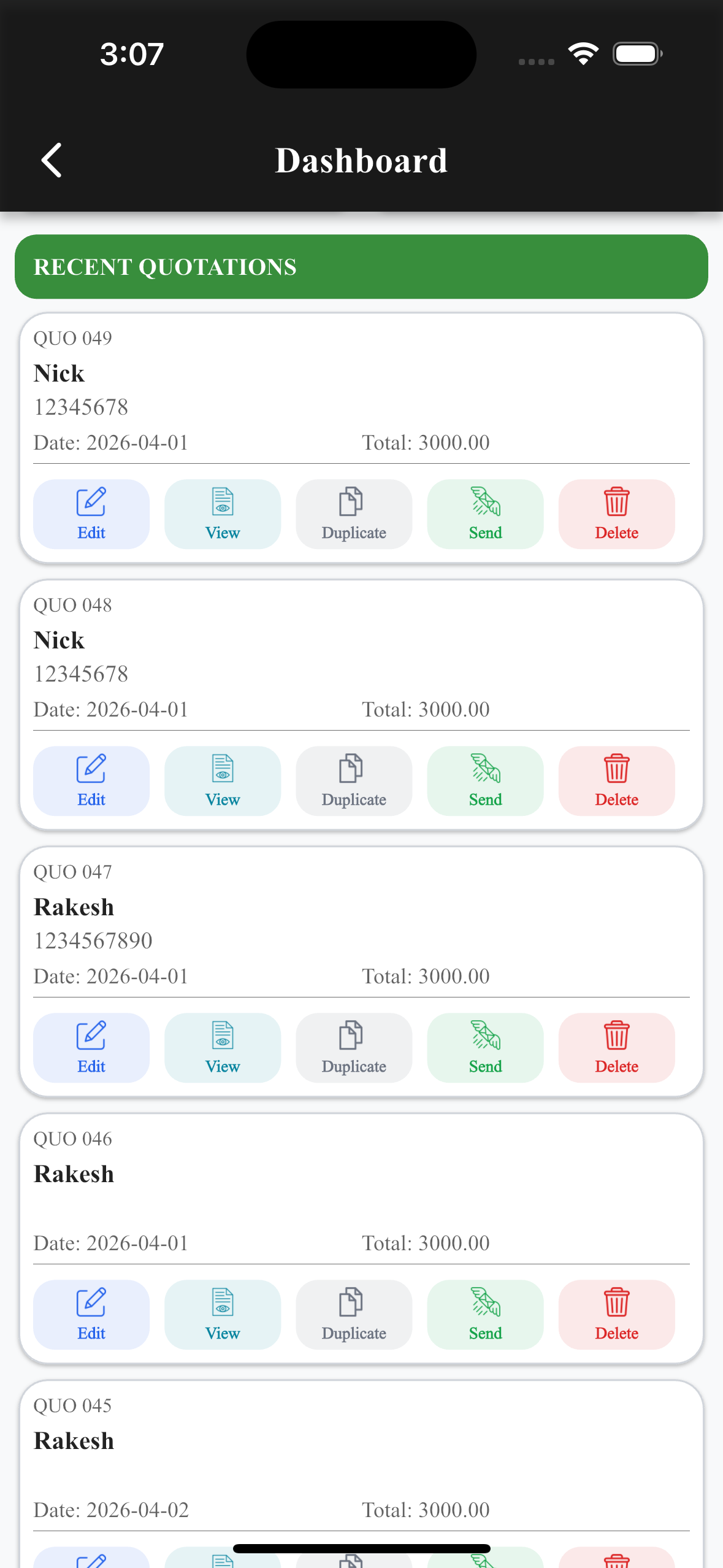 EasyQuotation Recent Quotations screen