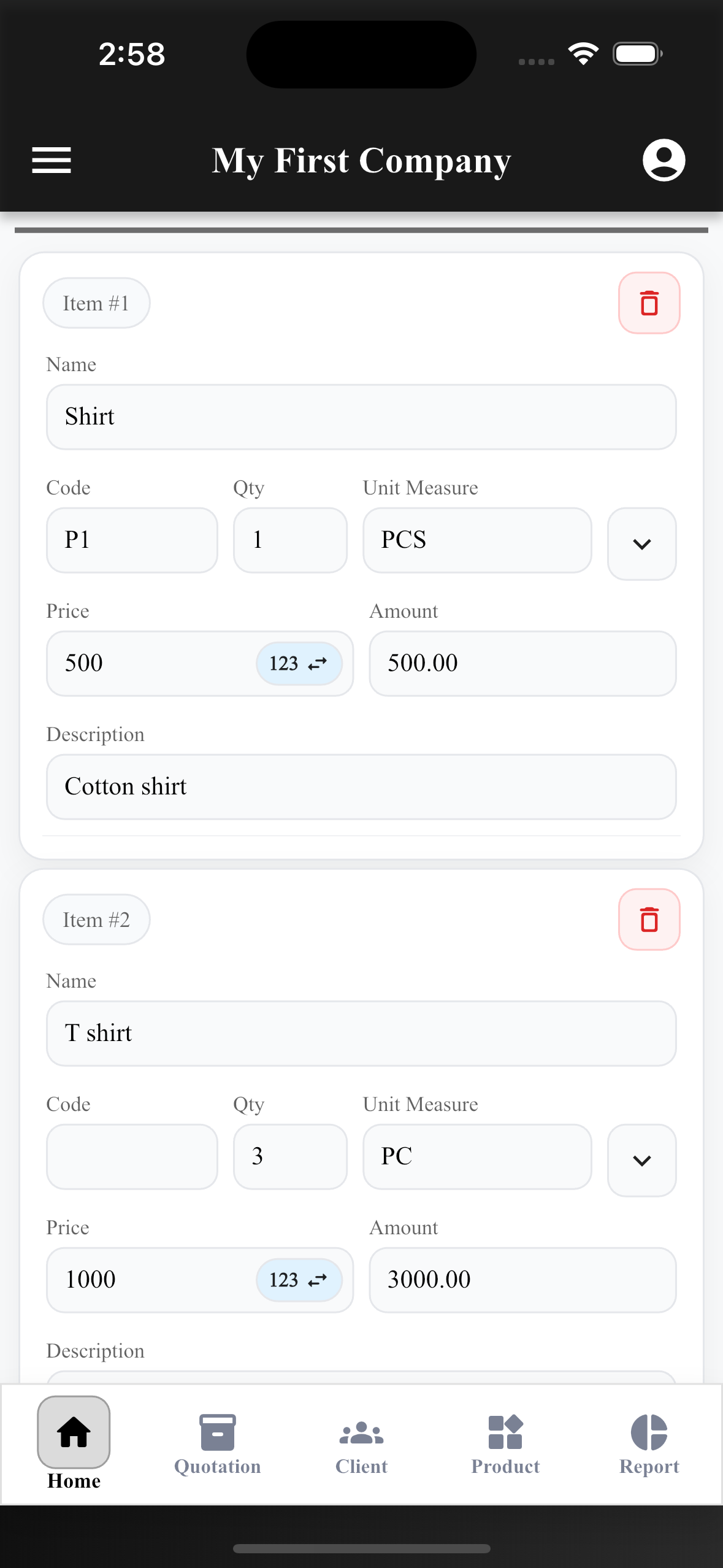 EasyQuotation Add Line Items screen