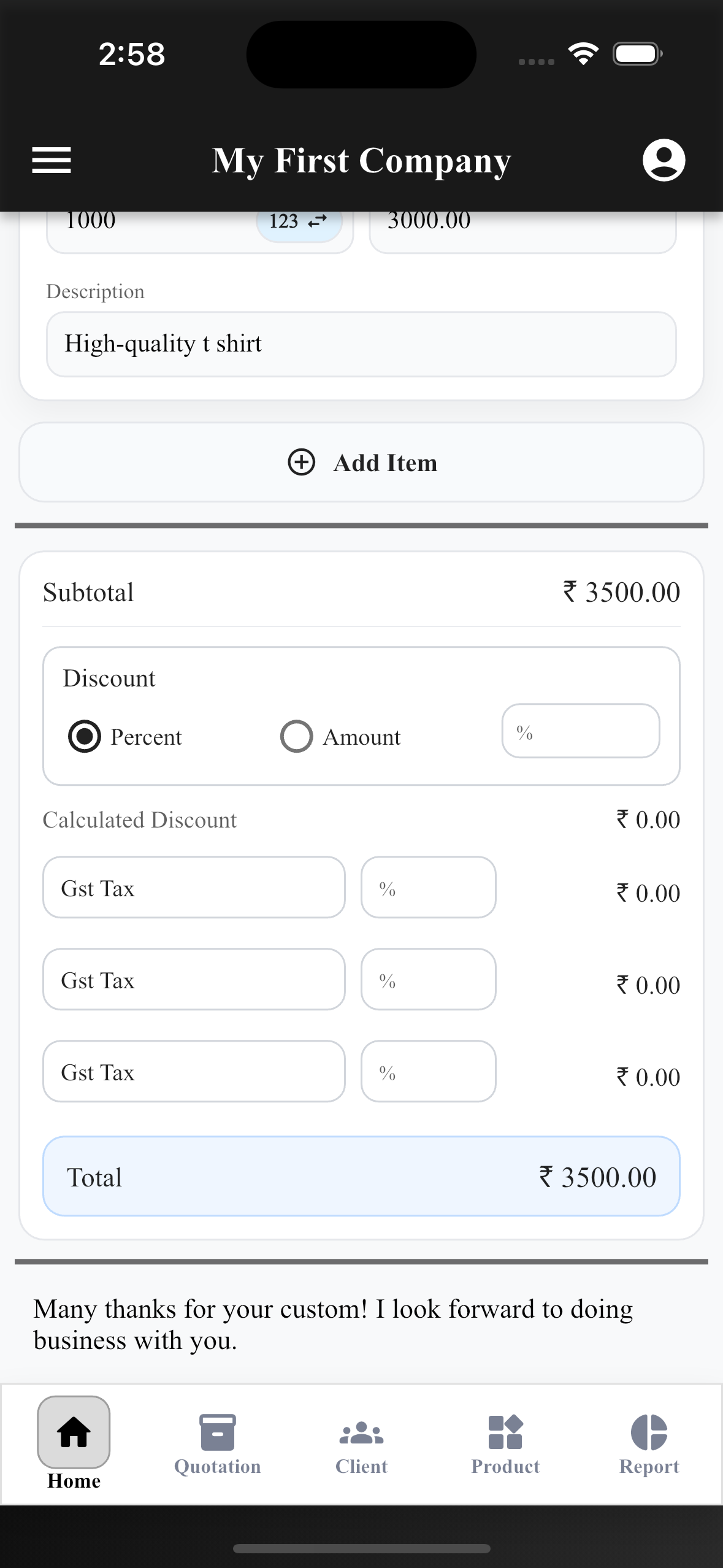 EasyQuotation Bill Summary screen