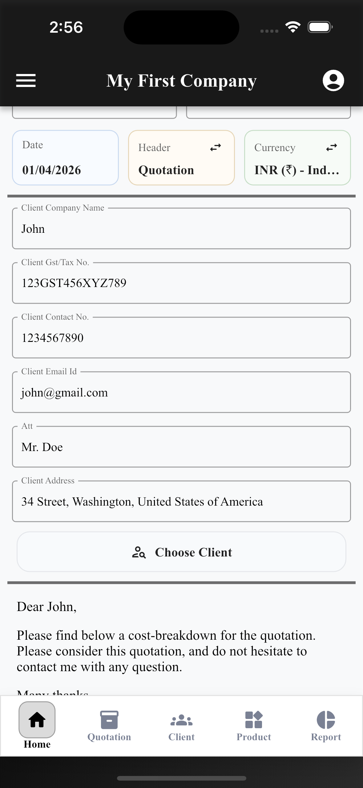 EasyQuotation New Quotation screen