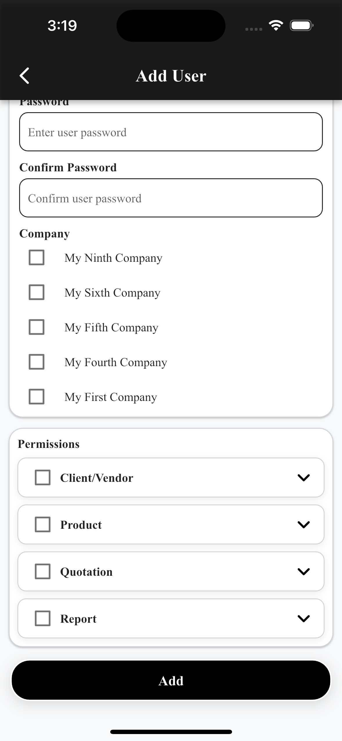 EasyQuotation User Permissions screen