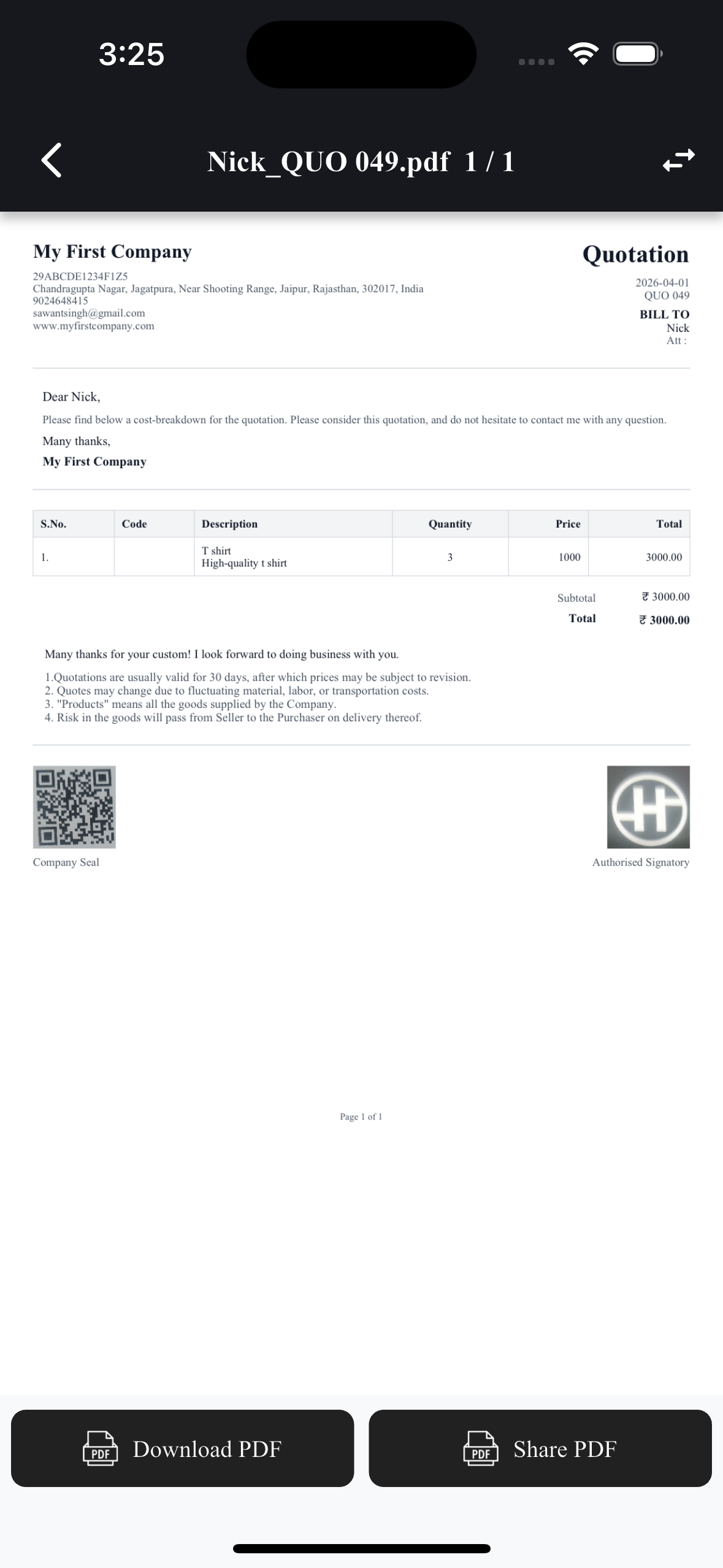 EasyQuotation PDF Preview screen