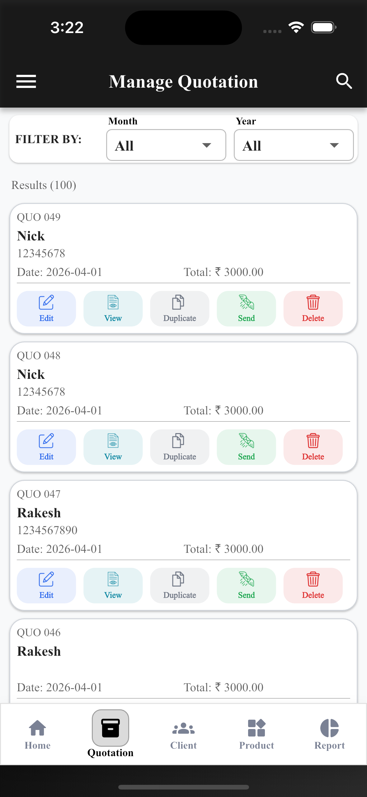 EasyQuotation Manage Quotations screen
