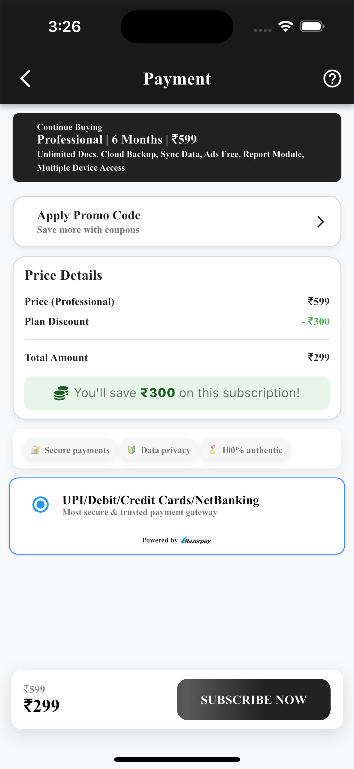 EasyQuotation Secure Checkout screen